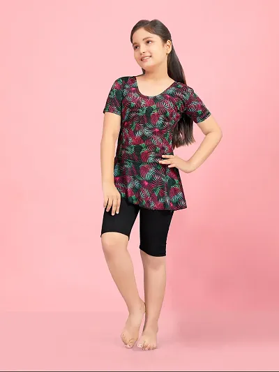 Aarika Girls Sports Wear Pink Colour Leaf Print Nylon Swim Suit