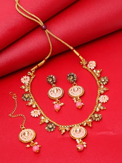 Traditional Meenakari Stone Studded Gold Plated Jewellery Set With Maang Tikka