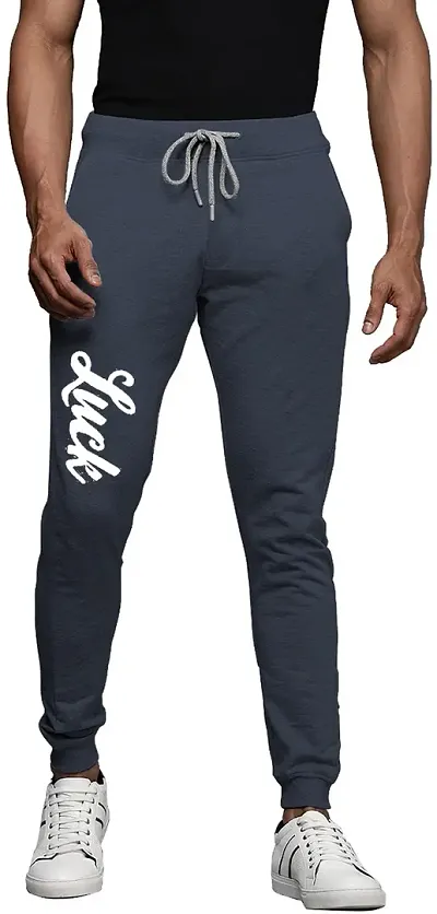 Stylish Navy Blue Cotton Blend Printed Regular Track Pants For Men