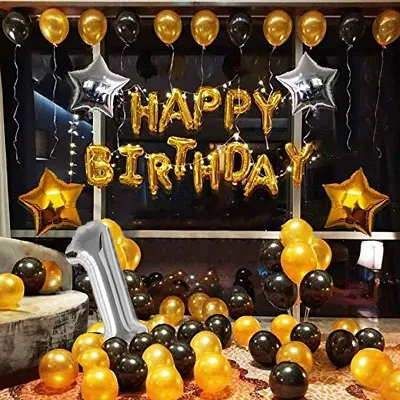 Happy Birthday Decorations Gold Black Decoration Kit, Gold Metallic Fringe  Shiny Curtains, Happy Birthday Banner With Latex & Star Foil 