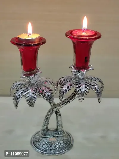 GiftNagri Metal Handicraft Silver Plated Palm Tree Design Antique Look Glass Candle Tealight Holder Red Color Home Decor Decorative Showpiece For Home Living Room Church Office Shop Counter Decoration-thumb5