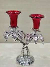 GiftNagri Metal Handicraft Silver Plated Palm Tree Design Antique Look Glass Candle Tealight Holder Red Color Home Decor Decorative Showpiece For Home Living Room Church Office Shop Counter Decoration-thumb2
