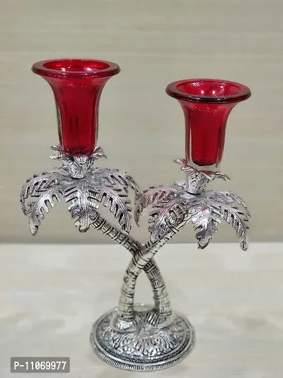 GiftNagri Metal Handicraft Silver Plated Palm Tree Design Antique Look Glass Candle Tealight Holder Red Color Home Decor Decorative Showpiece For Home Living Room Church Office Shop Counter Decoration-thumb3