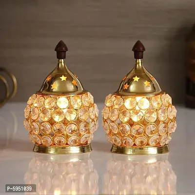 Decor Crystal And Brass Akhand Diya - Set of 2- Gold Polished/ Oil Lamp/ Tea Light Holder-thumb0