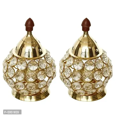 Decor Crystal And Brass Akhand Diya - Set of 2- Gold Polished/ Oil Lamp/ Tea Light Holder-thumb4