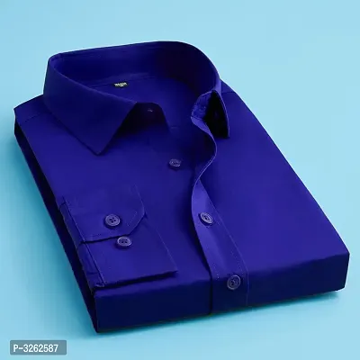 Men's Blue Cotton Blend Solid Long Sleeves Regular Fit Formal Shirt-image