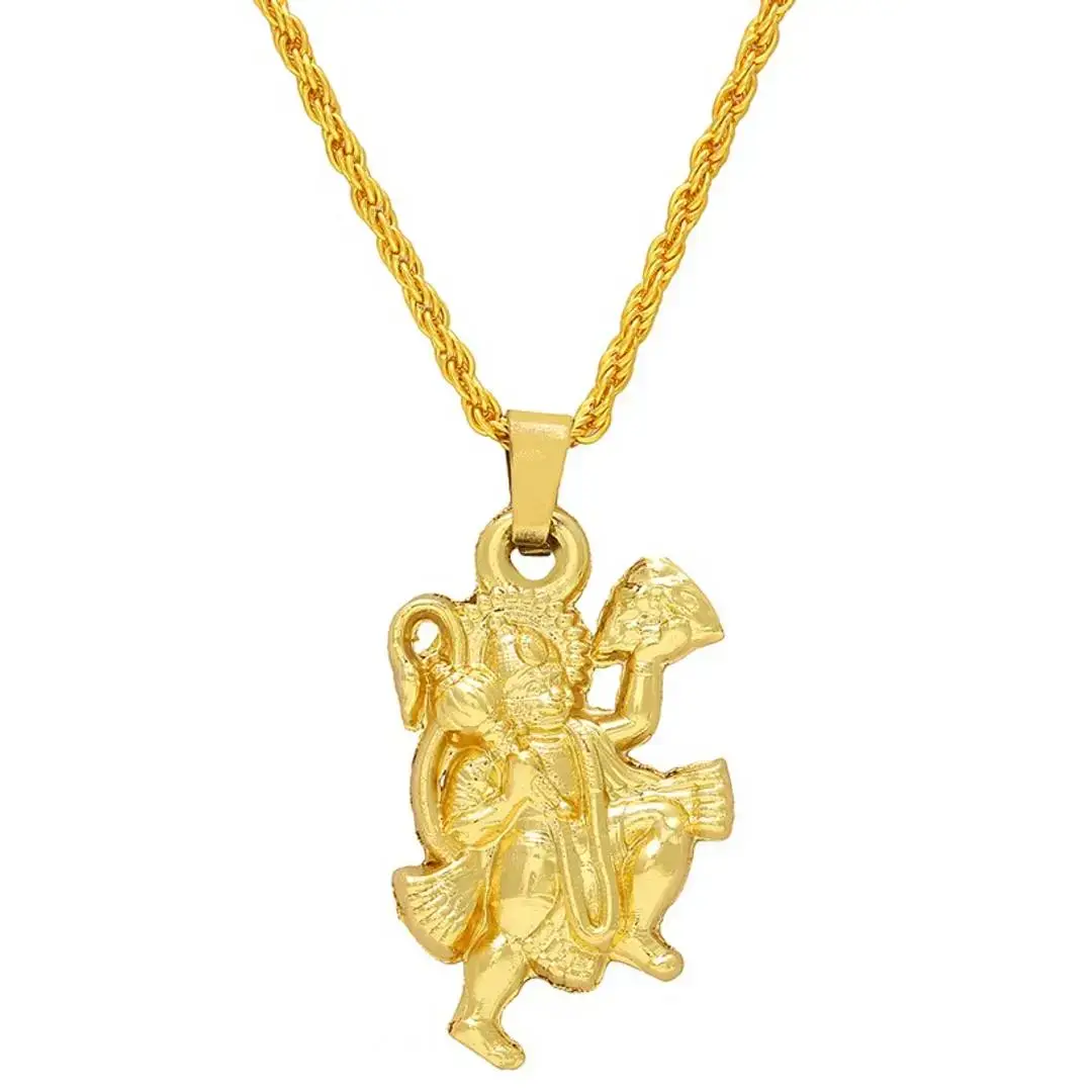 Gold Plated Brass Lord Hanuman Bajrang Bali Hindu God Locket Pendant  Necklace for Men and Women