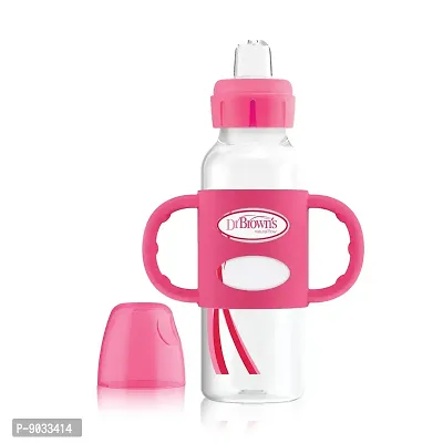 Dr. Brown's Options+ Sippy Spout Baby Bottle with 100% Silicone Handle, Pink, 8 Ounce