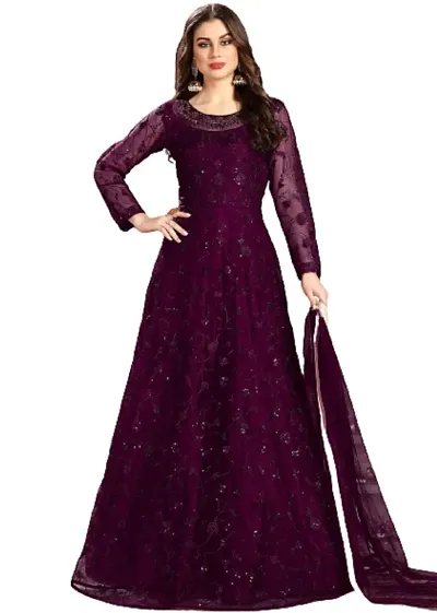 Attractive Net Embroidered Semi-stitched Ethnic Gown For Girls And Women