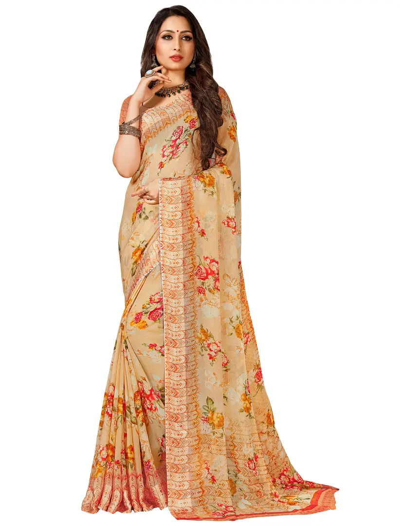 Pink Floral Print Poly Chiffon Saree