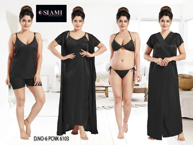 Buy Siami Apparels- Designer Solid Satin 6 Piece Nightwear/Night