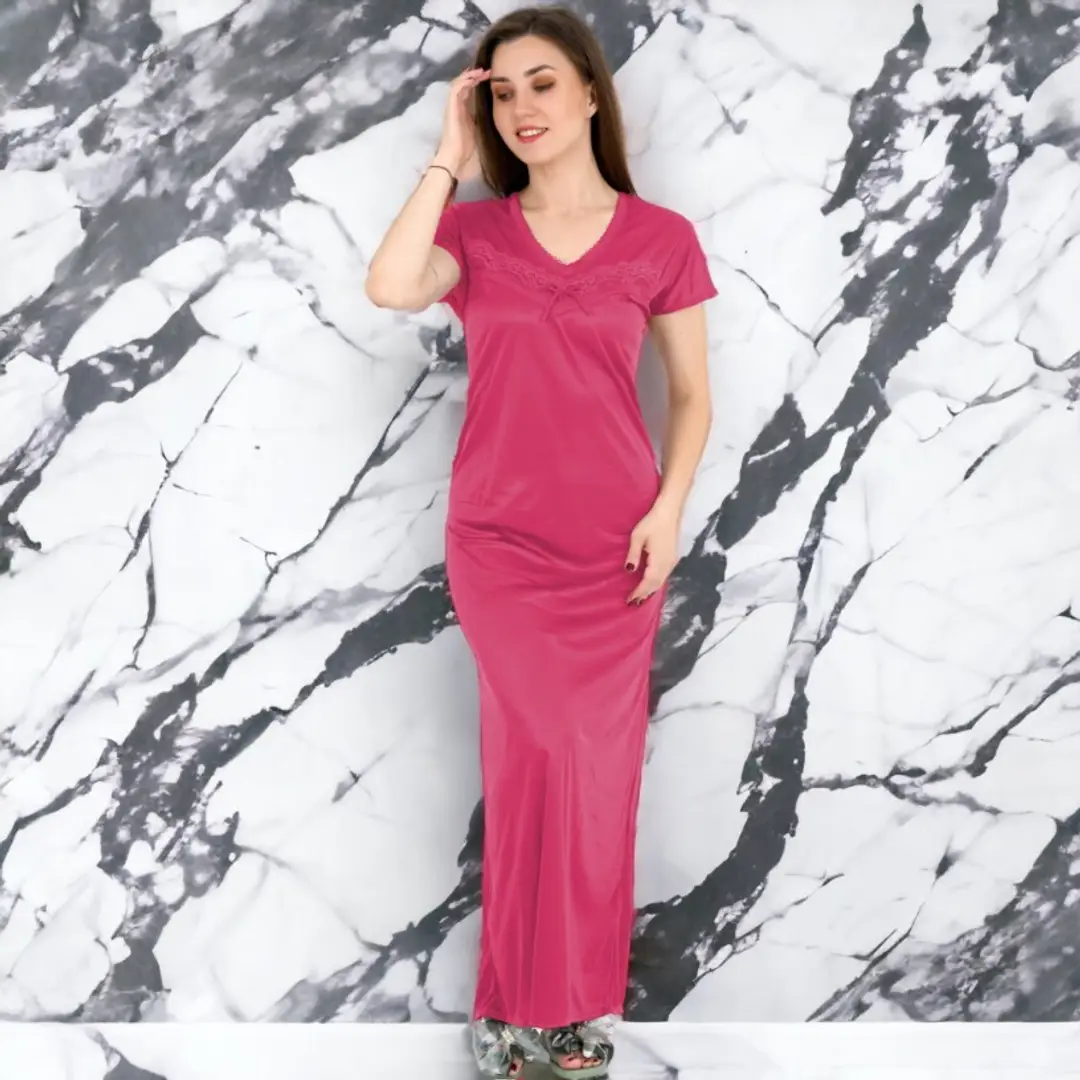 Lace Design Satin V Neck Plain Nighty