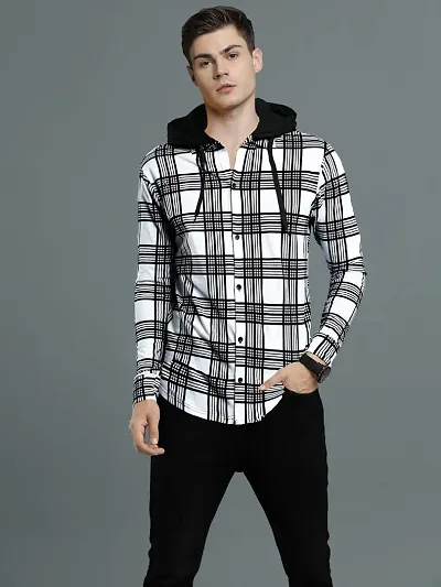 LEWEL Men s Stylish Hooded Neck Checked Buttoned Down T Shirt White Black