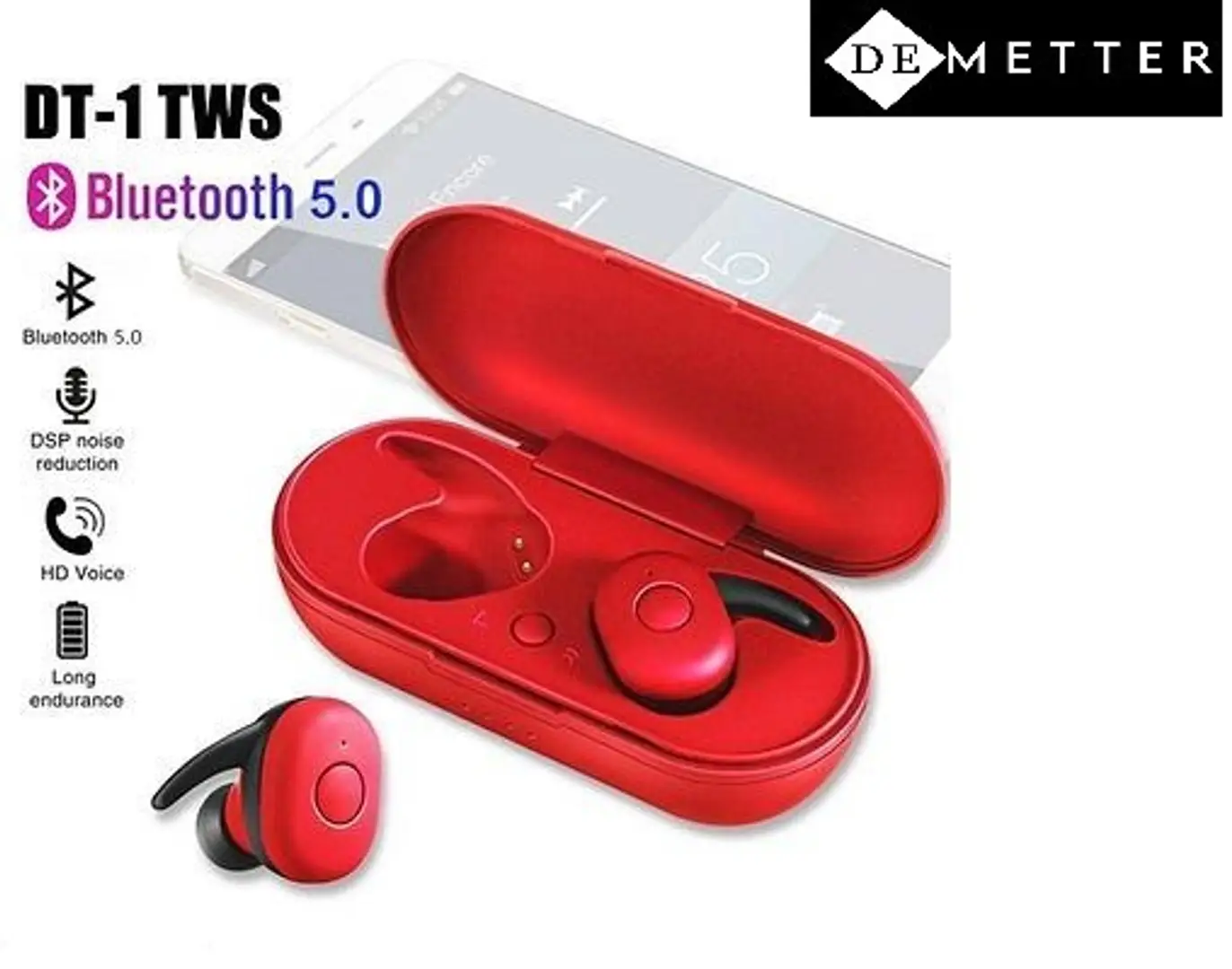 DeMetter DT 1 TWS Mini Bluetooth Earphone V5.0 Red