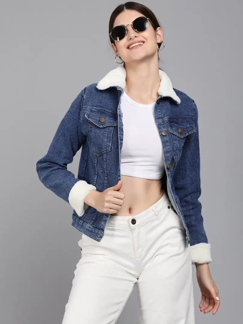 Buy online Women Blue Solid Denim Jacket from jackets and blazers and coats  for Women by Showoff for ₹2129 at 60% off | 2024 Limeroad.com