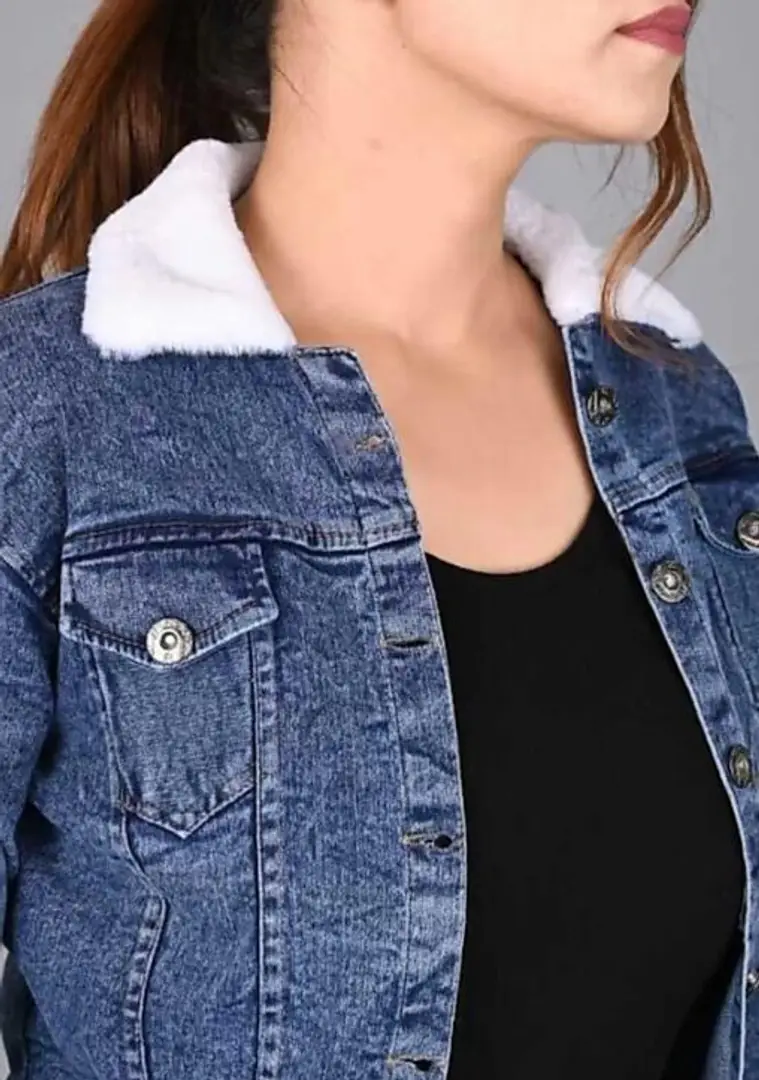 Flat womens denim jacket with fur clothing Vector Image