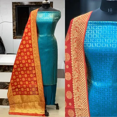 Brocade Checked With Aari Work Dress Material from Ubig Fashion