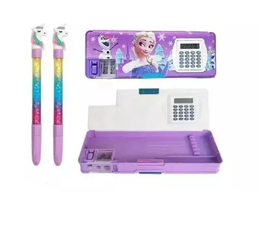 Purple Frozen Cartoon Printed Calculator Geometry with Dual Sharpener For Girls And Boys Kids | Double sided Magnetic Closure Pencil Box + 2 Unicorn Glitter Blue Gel Pen for Kids | Best Birthday Gift