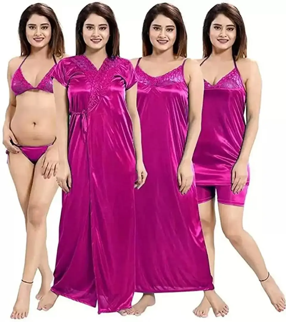Womens Solid Satin Nightdress Set of 6 Piece