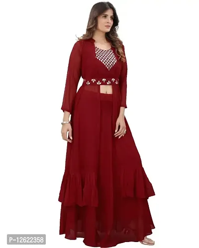 Buy Embroidered Pink Crop Top With Skirt And Shrug - Jaipur Kurti