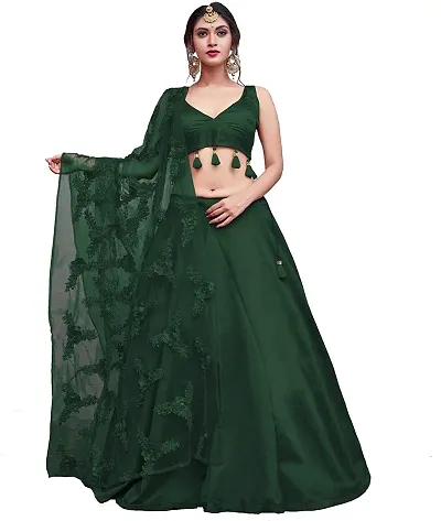 Women's Satin Green Embroidered Lehenga Choli With Dupatta