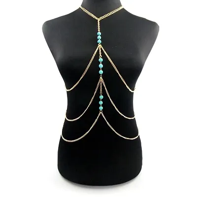Multi Shoulder Heavy Blue Beaded Gold Party Body Chain