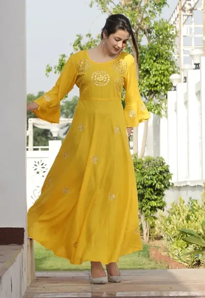 Elegant Yellow Rayon Gotta Patti Handwork Women Anarkali Kurti
