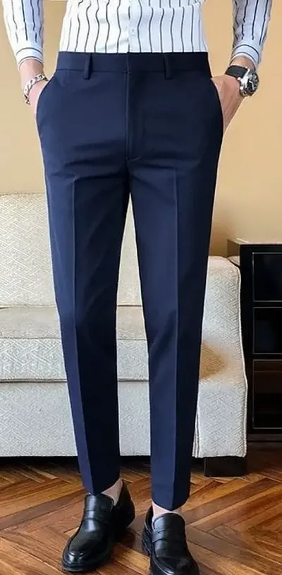 Stylish Cotton Blend Solid Regular Fit Formal Trouser For Men Pack Of 2