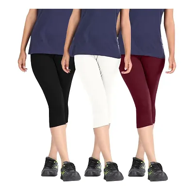 Women's Cotton Lycra Biowashed Capri Leggings Combo Pack of 3