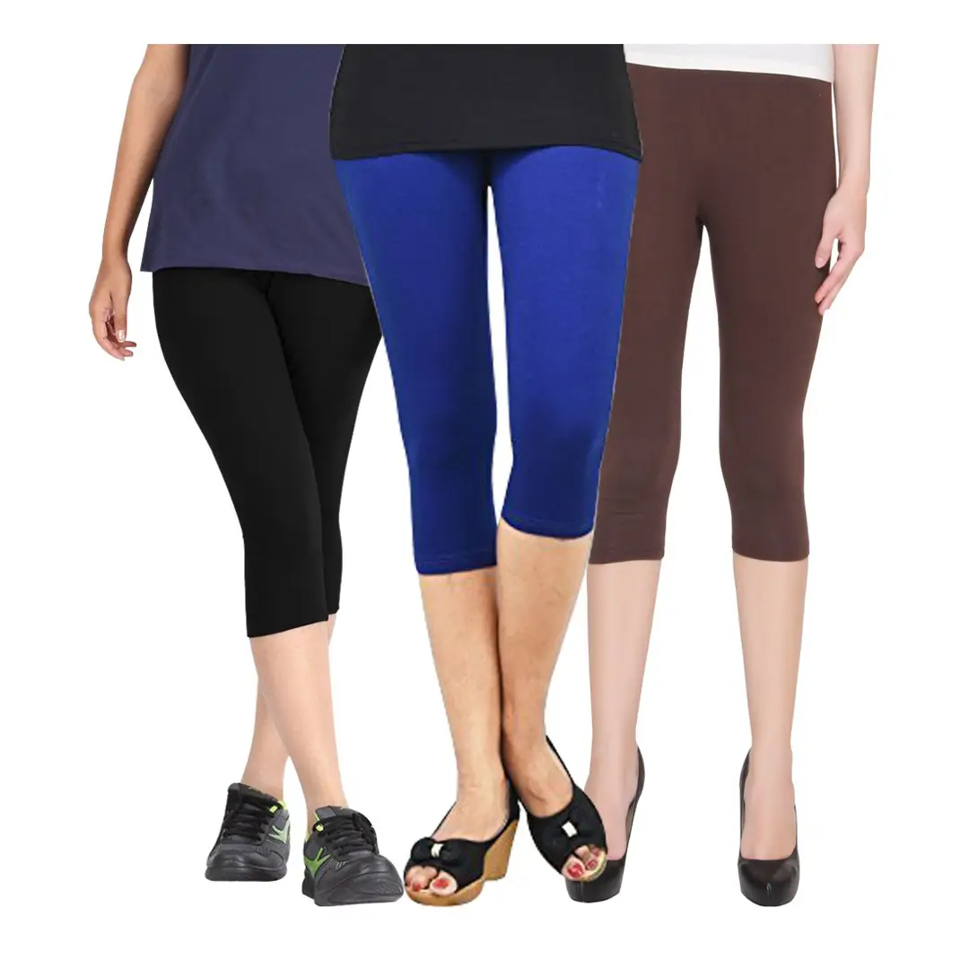 Women's Cotton Lycra Biowashed Capri Leggings Combo Pack of 3 (Black, Blue  ,Brown)