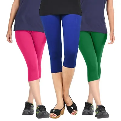 Women's Cotton Lycra Biowashed Capri Leggings Combo Pack of 3 (Pink, Blue  ,Green)