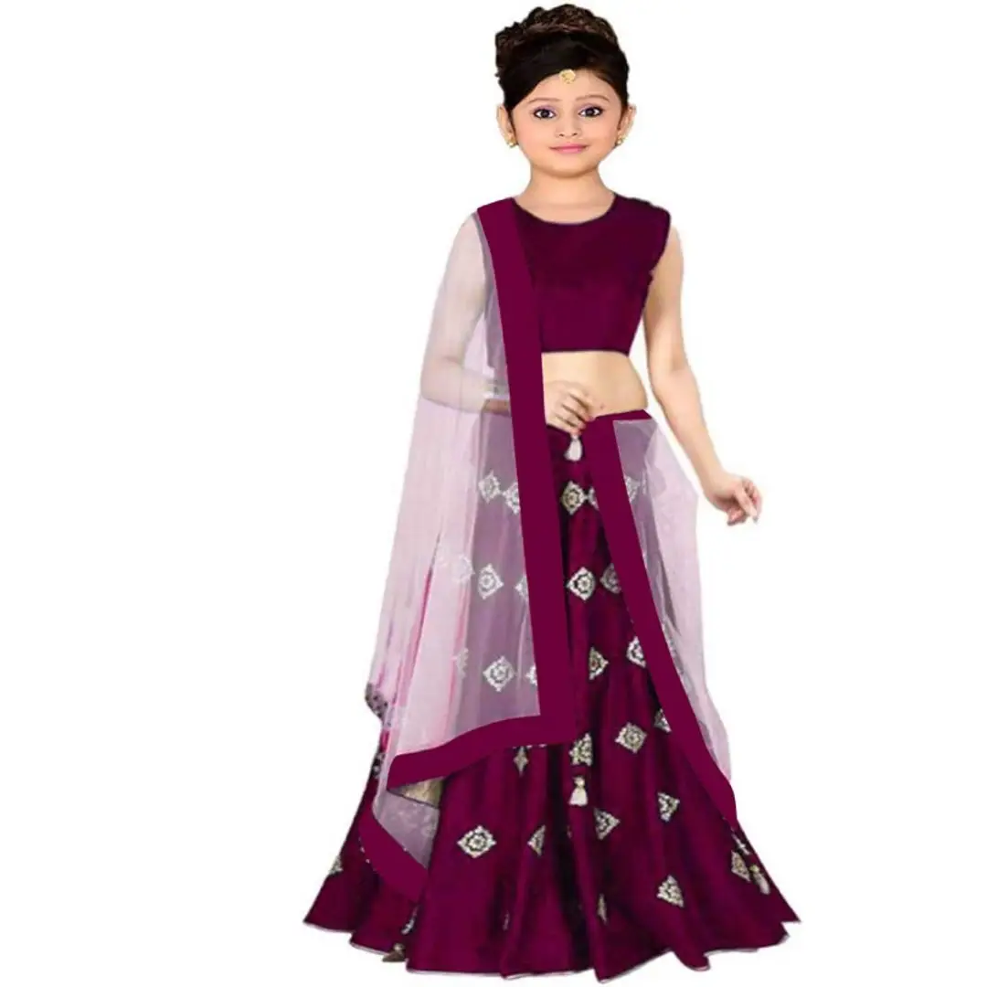 F Plus Fashion Wine Satin Embroidered Kids Girls Traditional Semi Stitched Lehenga Choli Suitable To 8 13 Years Girls