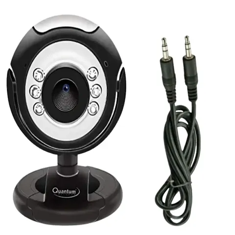 KUVERA Combo Of Web Camera   AUX CABLE QHMPL Quantum 495LM 6 Light Night Vision Webcam For Laptop/Desktop (Black)