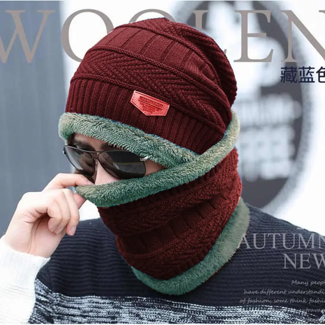 Adbucks Snow Proof Inside Fur Wool Unisex Beanie Cap With Neck