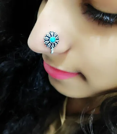 Trendy Oxidized Silver Nose Pin With Stone
