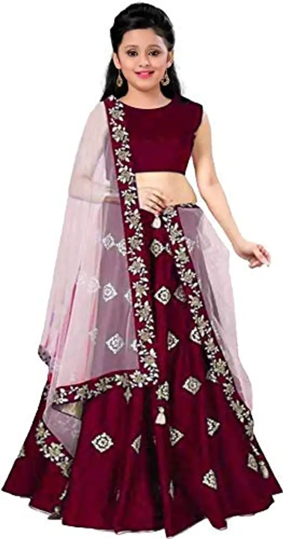 Harshiv Creation Wine Color Simple Embroidered Kids Girls Party Wear Semi  Stitched Lehenga Choli _Suitable To 8-13 Years Girls .