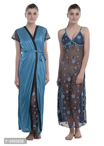 Swanky Women's Satin Solid, Plain Stylish Latest 2 Piece Sleeveless nighty  with Short Sleeve Night Gown, Nighty with Robe, Nightwear 1 Nighty & 1  Wrap Gown