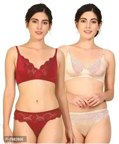 Buy Fashion Comfortz Women Net Bra Panty Set for Lingerie Set ( Pack of 2 )  ( Color : Maroon,Brown ) ( Pattern : Floral Print ) ( Size : 32 ) ( SKU :  Set Cate_Maroon,Brown ) Online In India At Discounted Prices