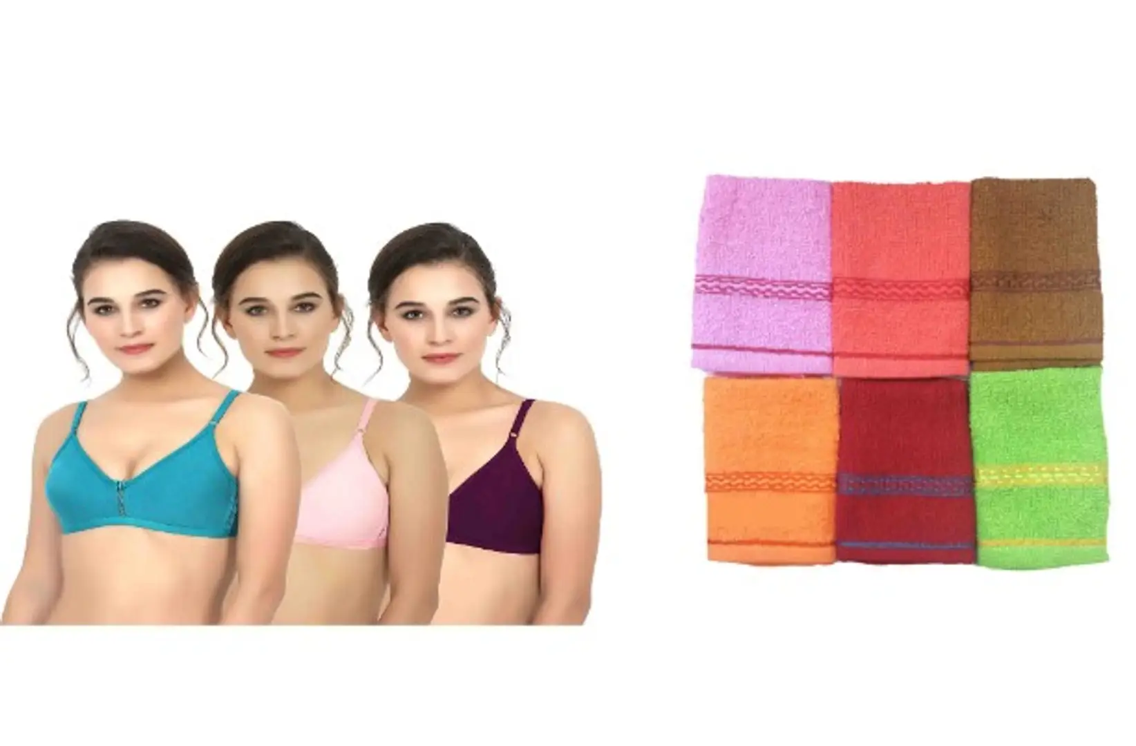 WOMEN COTTON SPANDEX BRAS PACK OF 3 WITH PACK OF 6 HANKER CHIEF FREE