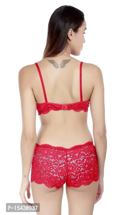 Lycra Cotton Women Full Coverage Non Padded Lace Red Lingerie Set