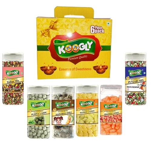 KOGGLY Super Saver Gift Pack of 6 Yummy Mouth Freshener Manchali Imli + Orange Candy + Mango Candy + Italian Mix + punjabi mix + pudina laddu   Diwali Gift