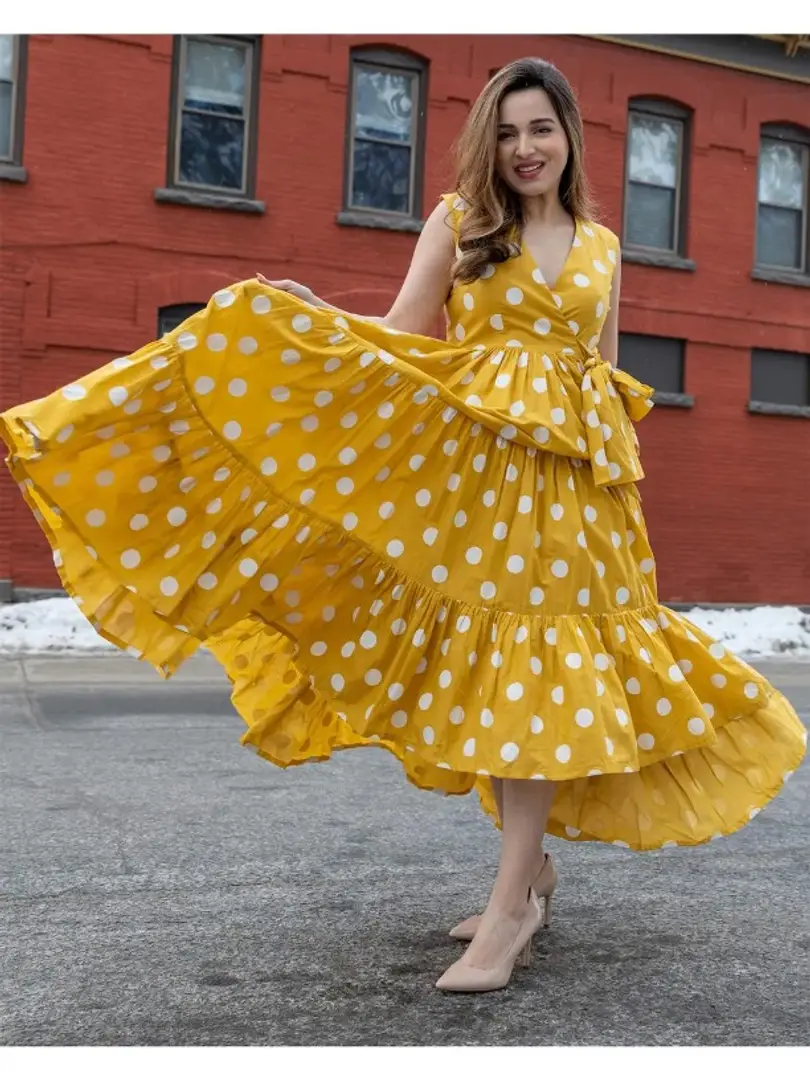 Stylish Yellow Crepe Polka Dots Fit And Flare Dress For Women