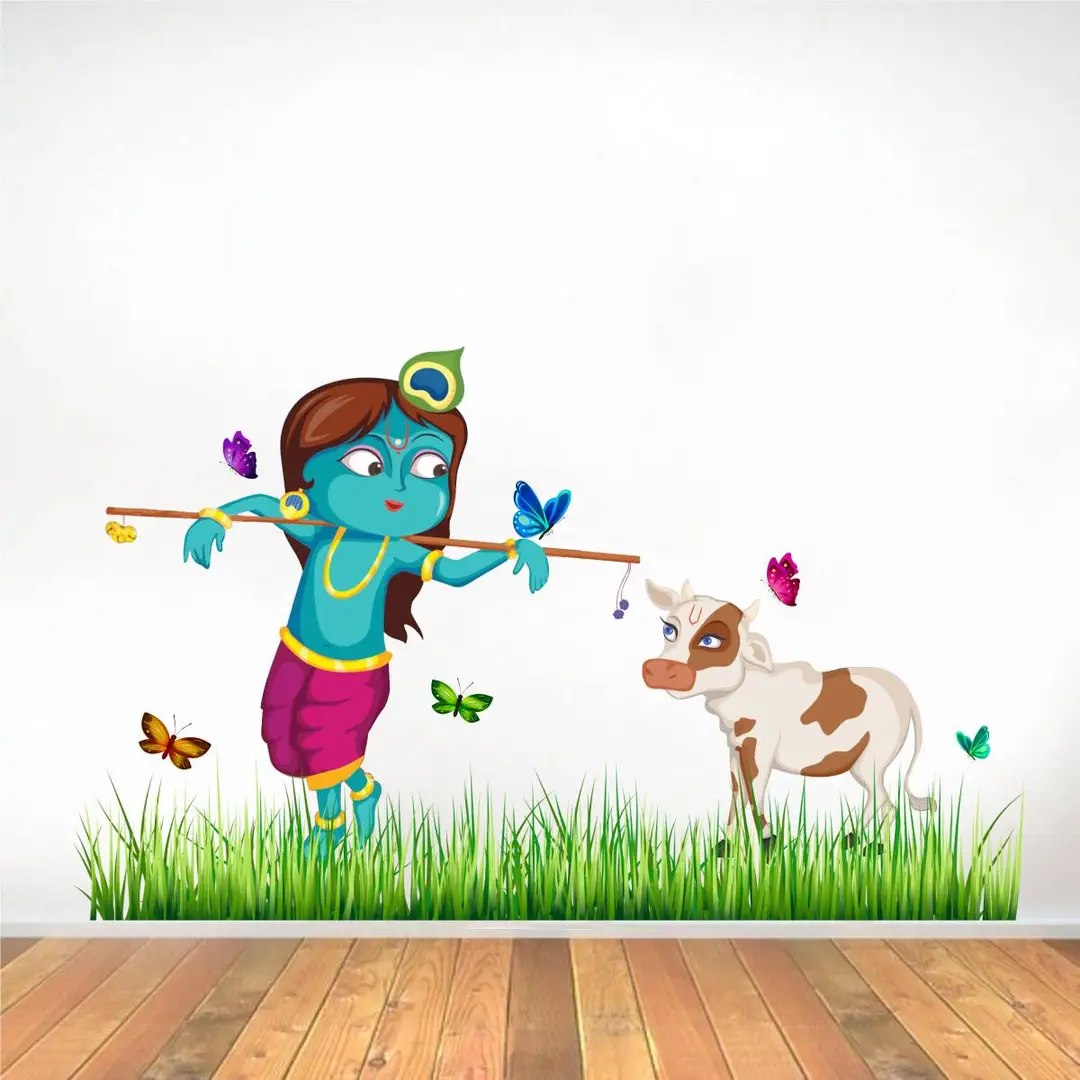 Multicoloured Lord Krishna Cow Grass Butterfly Story Vinyl Wall Stickers