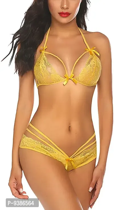 Buy Ceniz Lace Lingerie Babydoll 2 Piece Sexy Brasso Net Blended Bra and  Panty Set (Yellow) Online In India At Discounted Prices