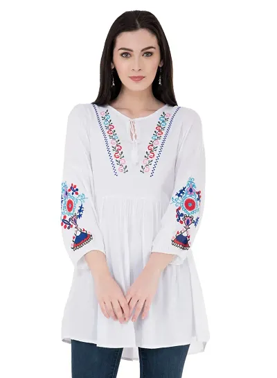 Alluring White Embroidered Rayon Women's Top