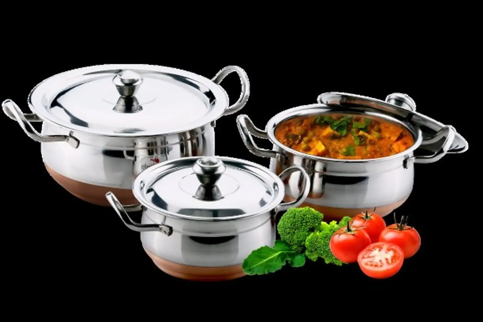 Dinner Set Stainless Steel Copper Bottom Handi Pot Pan 3 Piece Set  Combo/Steel 3 Handi Set ( Induction Bottom)