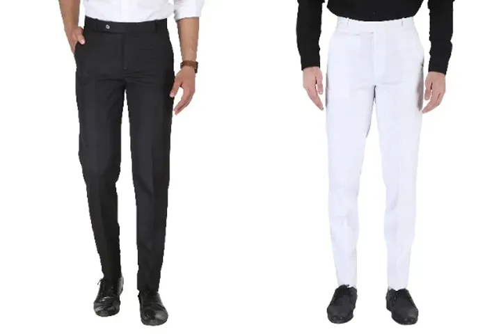 Buy MANCREW Slim Fit Formal Trousers For Men- Blue, Cream Combo