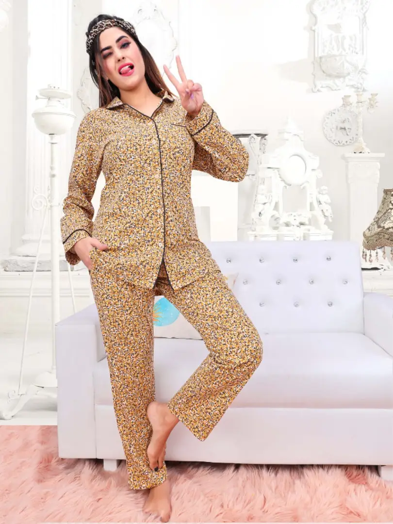 Brown Printed Full Sleeve Round Neck Night Suit