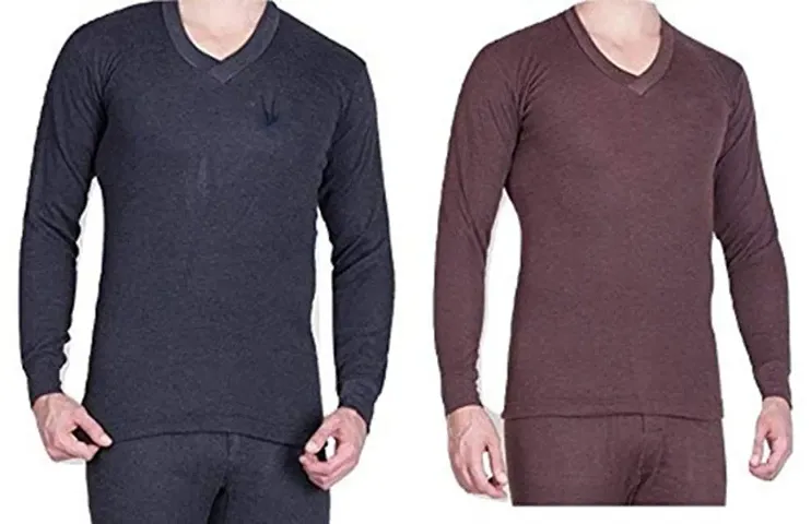 Stylist Solid Cotton Blend Thermal Tops For Men Pack Of 2