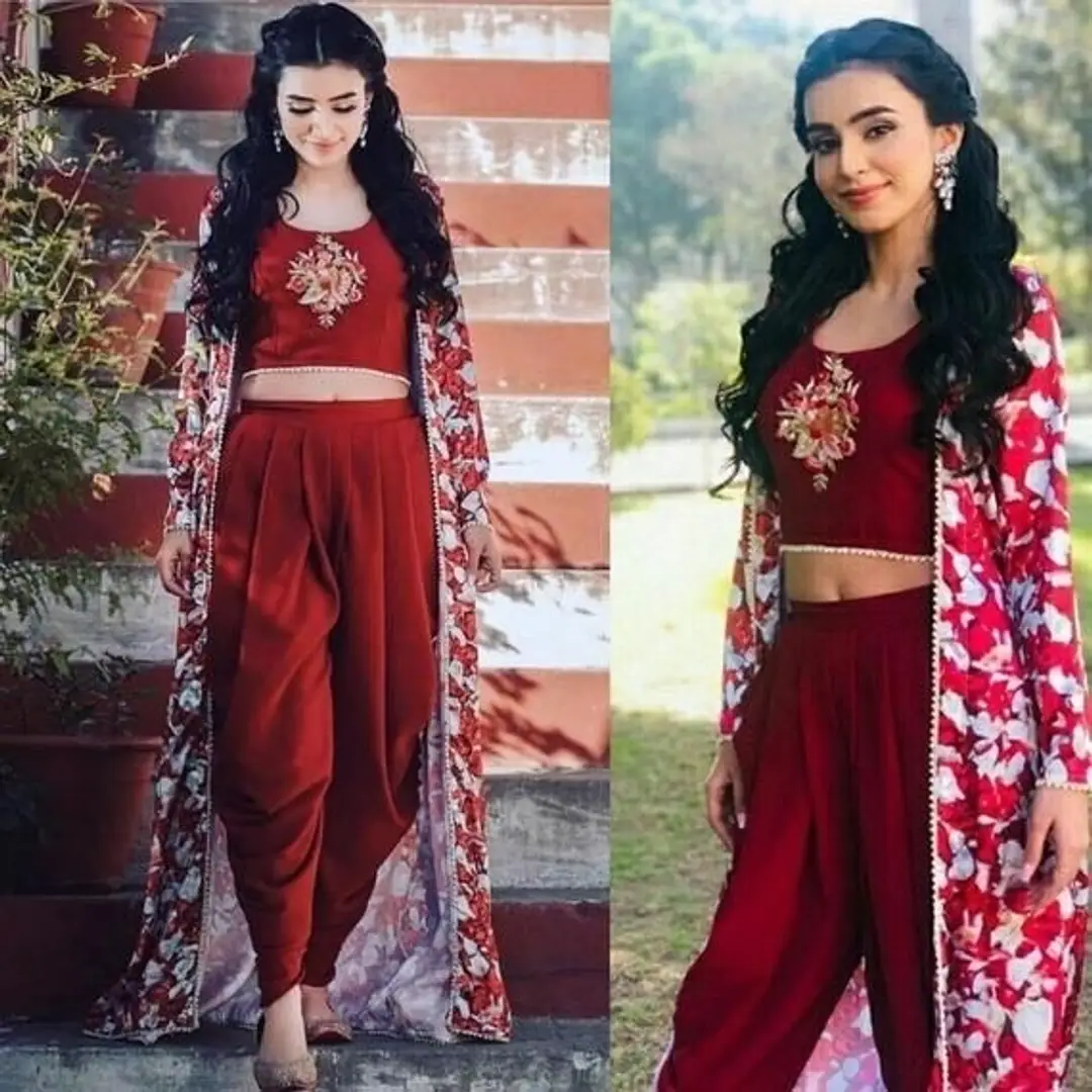 Maroon colour printed shrug with Choli and Dhoti set